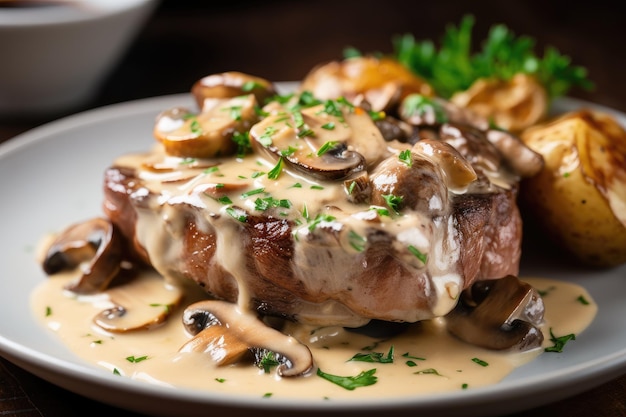 Juicy steak smothered in creamy mushroom sauce and topped with roasted potatoes