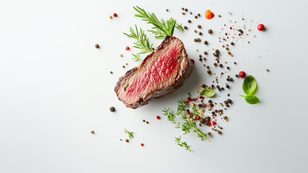 Photo juicy steak suspended midair with fresh herbs and spices