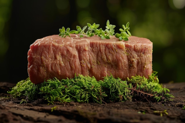 Photo juicy steak with fresh herbs on mossy surface