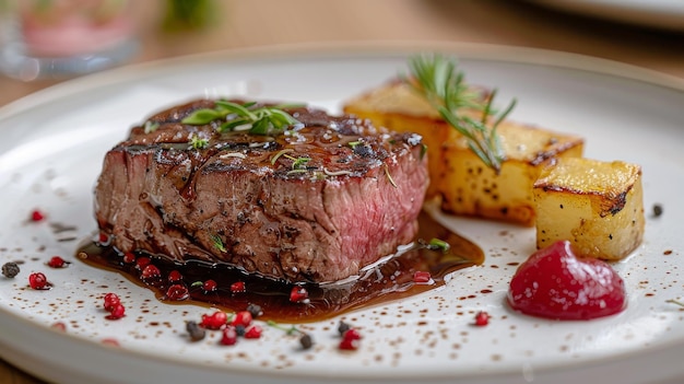 Juicy Steak With Sauce and Garnish on White Plate