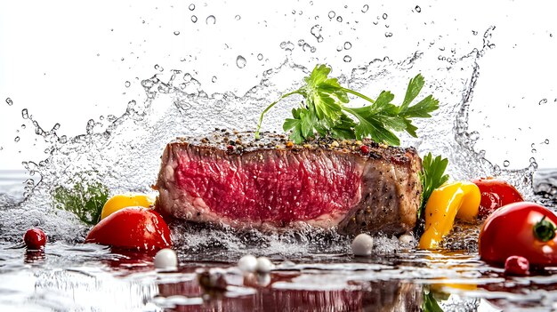 Photo a juicy steak with vegetables and spices splashed with water isolated on white background