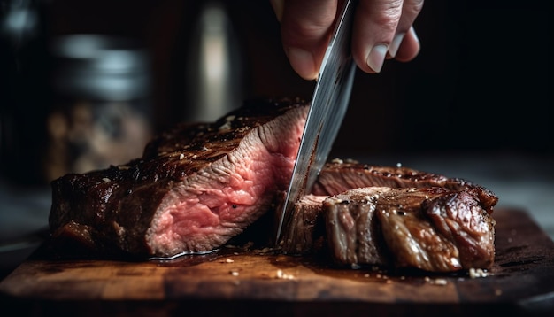 Juicy steak on wood plate with spices generated by AI