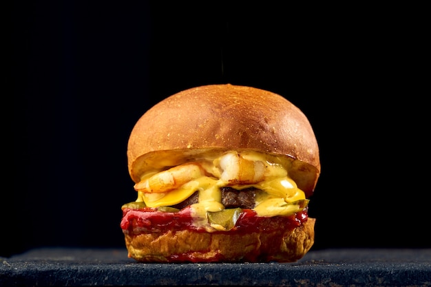 Juicy Surf & Turf burger with shrimp, cheese, sauce on a dark background.