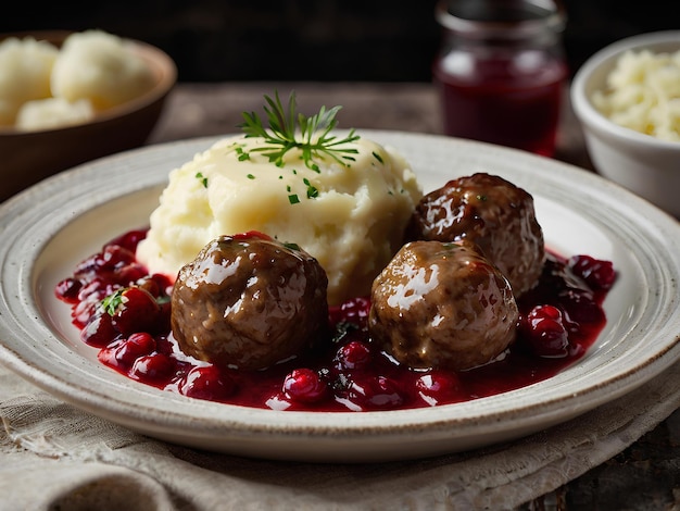 juicy Swedish meatballs served with creamy mashed potatoes and lingonberry sauce