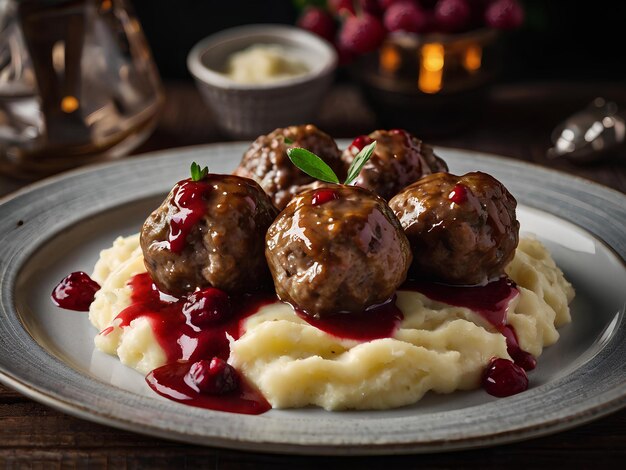 juicy Swedish meatballs served with creamy mashed potatoes and lingonberry sauce