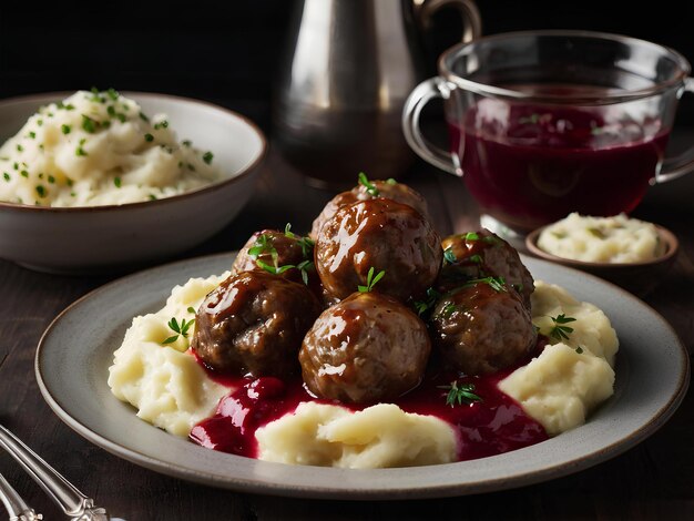 juicy Swedish meatballs served with creamy mashed potatoes and lingonberry sauce