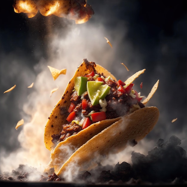 Juicy Tacos falling from top with smoke