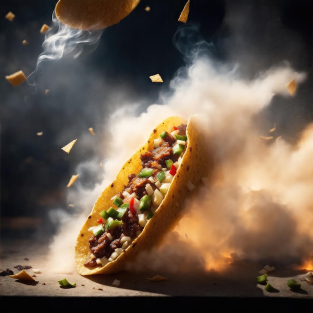 Juicy Tacos falling from top with smoke