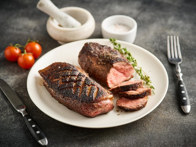 Juicy tasty fragrant roasted duck breast on a white plate with peppers and cherry tomatoes