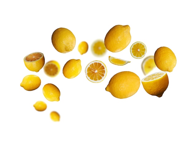 Juicy tasty fresh limons levitate on a white background healthy diet Fresh fruits and vegetables