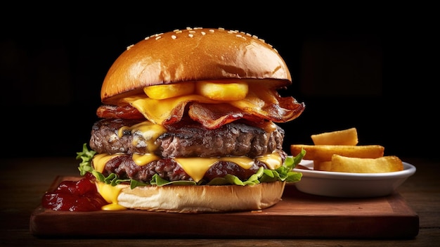 Juicy tasty hamburger on the table Fast food image of a burger with grilled meat Generated AI