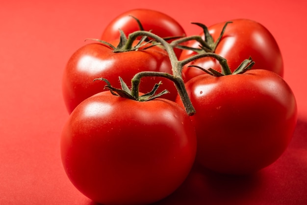 Juicy tomatoes on a bright red surface