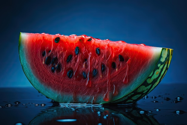 Juicy watermelon melting on blue background Refreshing summer generative IA