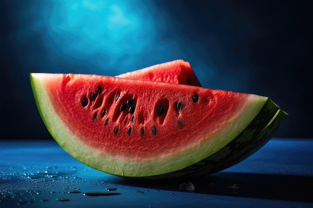 Juicy watermelon melting on blue background Refreshing summer generative IA