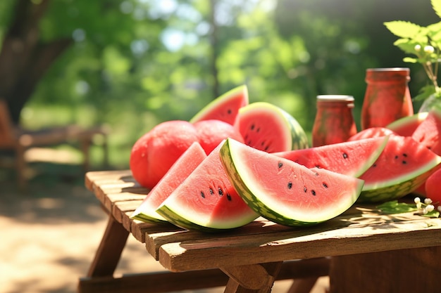 Juicy watermelon slices on a sunlit picnic table Generative ai