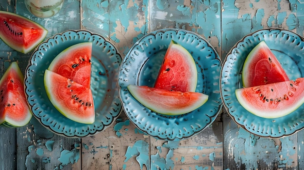 Photo juicy watermelon wedges arranged on vintage plates refreshing summer treat