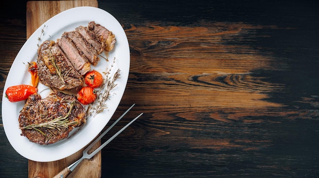 Juicy welldone ribeye steaks on a white platter on a dark wooden table top with grammarine and fried cherry tomatoes and pepper