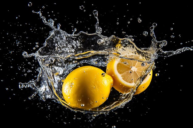 Juicy yellow lemon fruit and splashing water without background