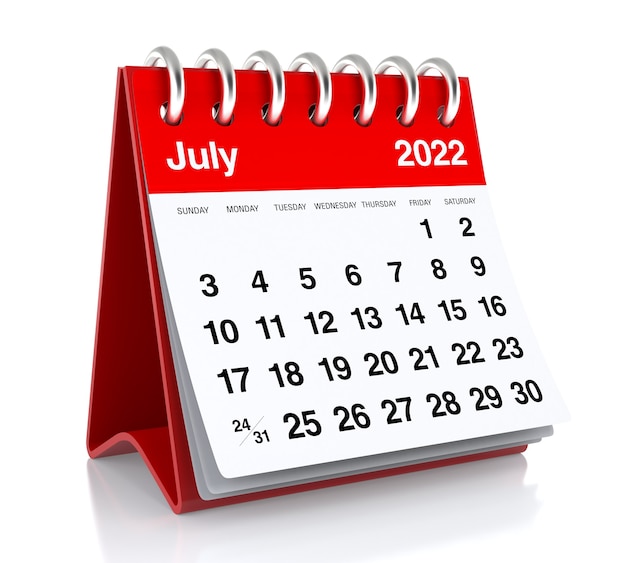 July 2022 Calendar. Isolated on White Background. 3D Illustration