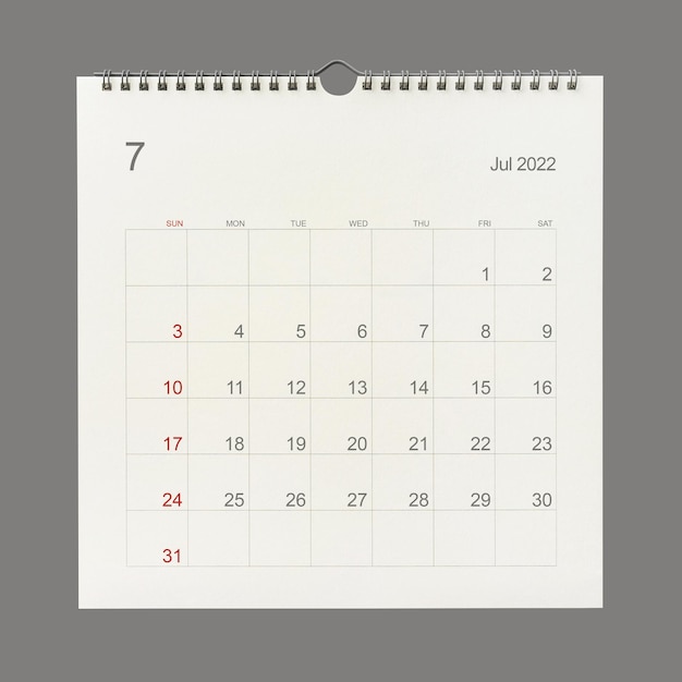 July 2022 calendar page on white background. Calendar background for reminder, business planning, appointment meeting and event. Close-up.