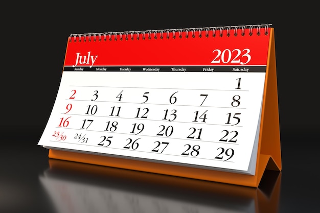 July 2023 Calendar Isolated on Black Background 3D Illustration