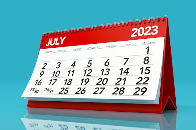 July 2023 Calendar Isolated on Blue Background 3D Illustration