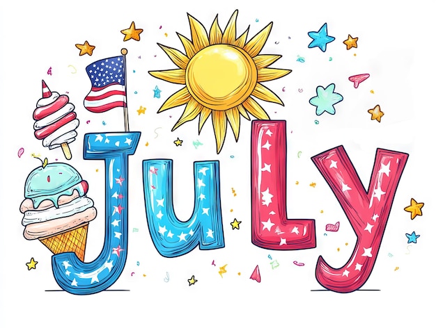 Photo july illustrated with colorful seasonal icons