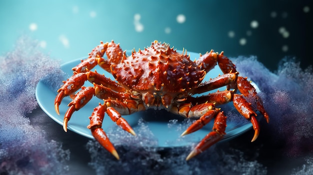 A jumbo red crab on a plate with chopsticks on the side seafood photography