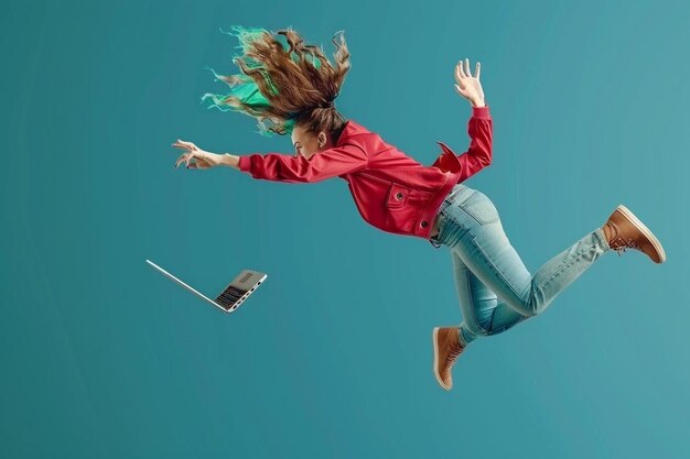 Jump of young woman over blue studio using laptop or tablet gadget while jumping