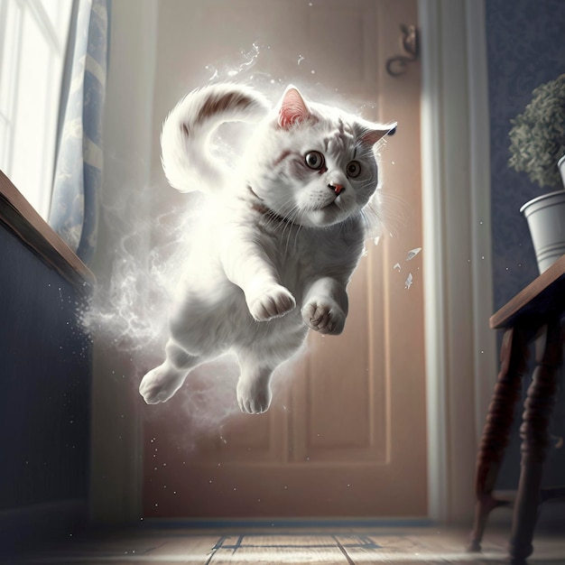 Jumping cat, Illustration of adorable kitten with nice fur and funny face expressions created with Generative AI technology