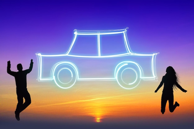 Jumping couple car shape and sunset