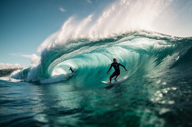 June 2 2019 Bali Indonesia Surfer ride on barrel wave Professional surfing at big waves