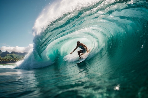 June 2 2019 Bali Indonesia Surfer ride on barrel wave Professional surfing at big waves