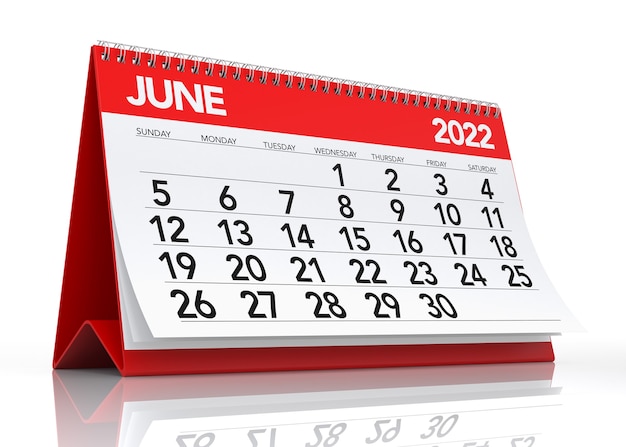 June 2022 Calendar. Isolated on White Background. 3D Illustration