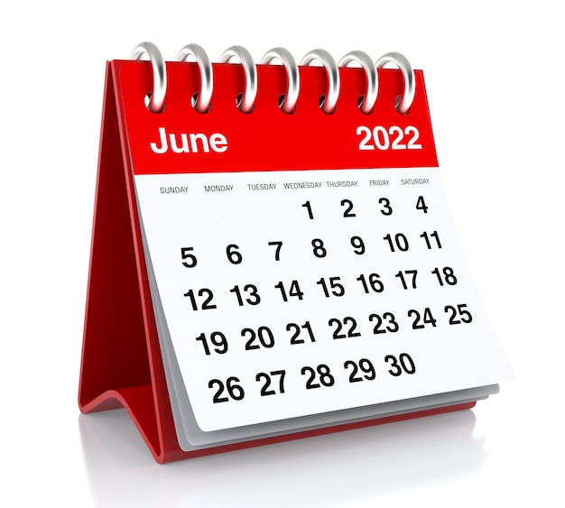 June 2022 Calendar. Isolated on White Background. 3D Illustration