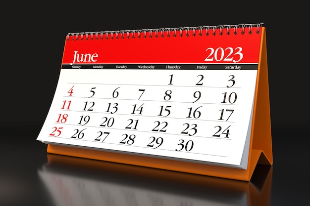 June 2023 Calendar Isolated on Black Background 3D Illustration