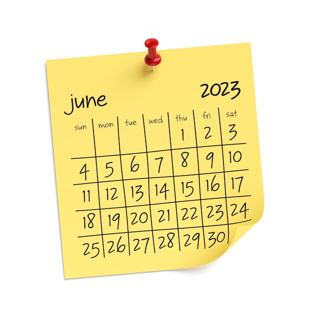 June 2023 Calendar Isolated on White Background 3D Illustration