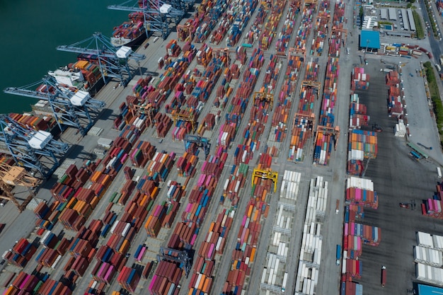 June 27 2021 Laem Chabang, Chonburi Thailand Aerial view Container Terminals,  import export shipping