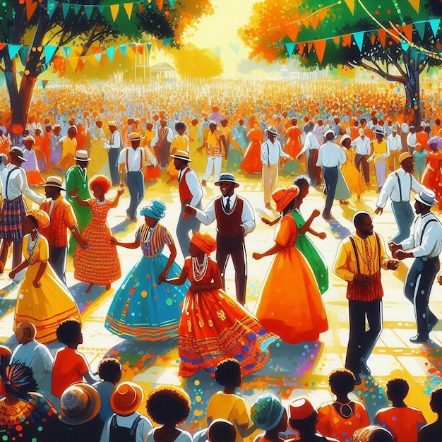 A Juneteenth celebration in a park with people dancing barbecuing