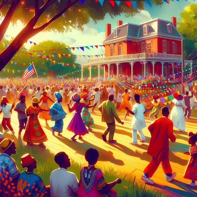 A Juneteenth celebration in a park with people dancing barbecuing