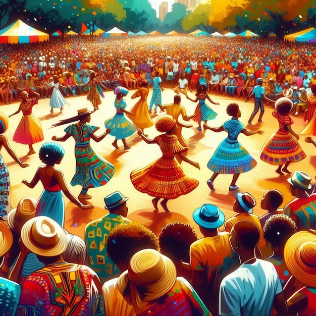 A Juneteenth celebration in a park with people dancing barbecuing