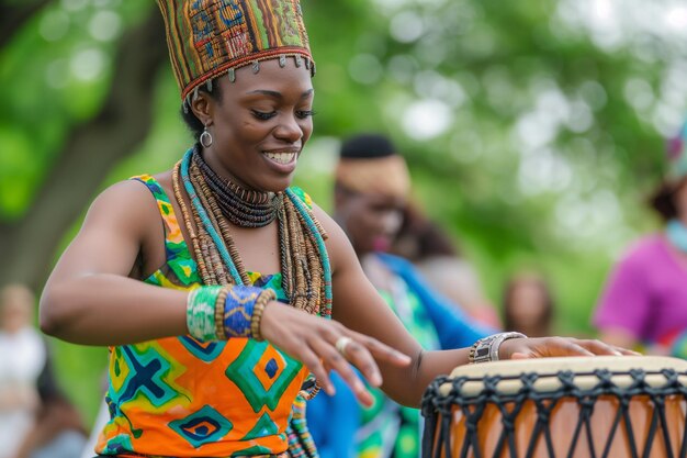 Juneteenth A female artist is performing on a membranophone drum in the park