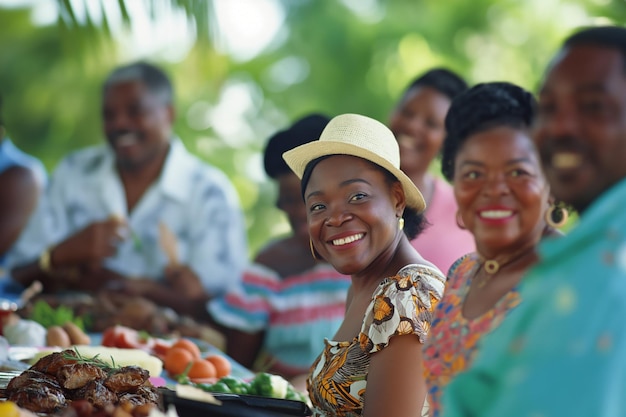 Juneteenth a group of people are sitting around a table with food