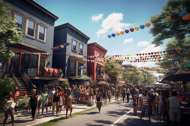 Juneteenth neighborhood block party with diverse Generative ai