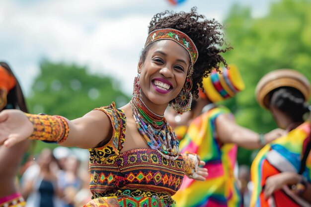 Juneteenth A woman celebrates at carnival dancing in colorful outfit with a big smile