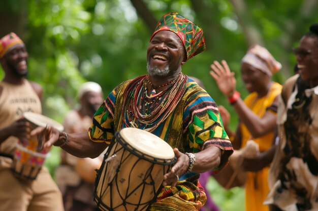 JuneteenthA man performs on a hand drum for a tribe sharing tradition in a musical event