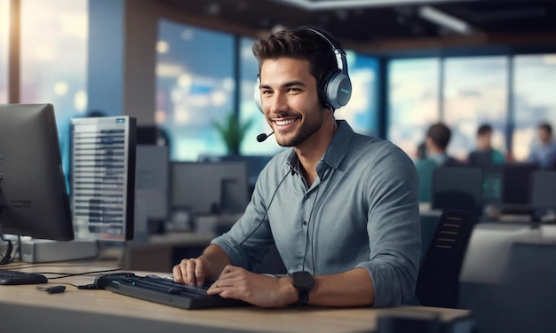 jung man with headphones in a modern office