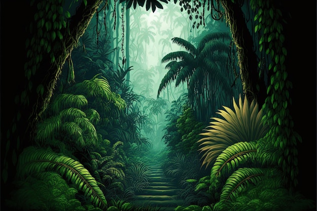 Jungle after a heavy rainy season Green dominant wildlife tropics high humidity heat travel outdoor activities high resolution art generative artificial intelligence