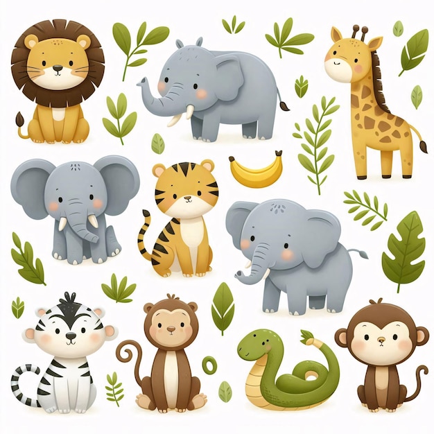 Photo jungle animal image set cute animals icons with safari costume