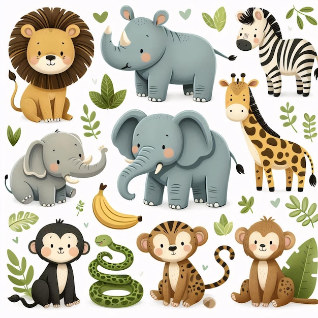 Photo jungle animal image set cute animals icons with safari costume